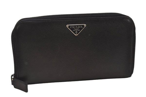 Authentic PRADA Vintage Saffiano Triangle Leather Long Wallet Purse Black 4087I