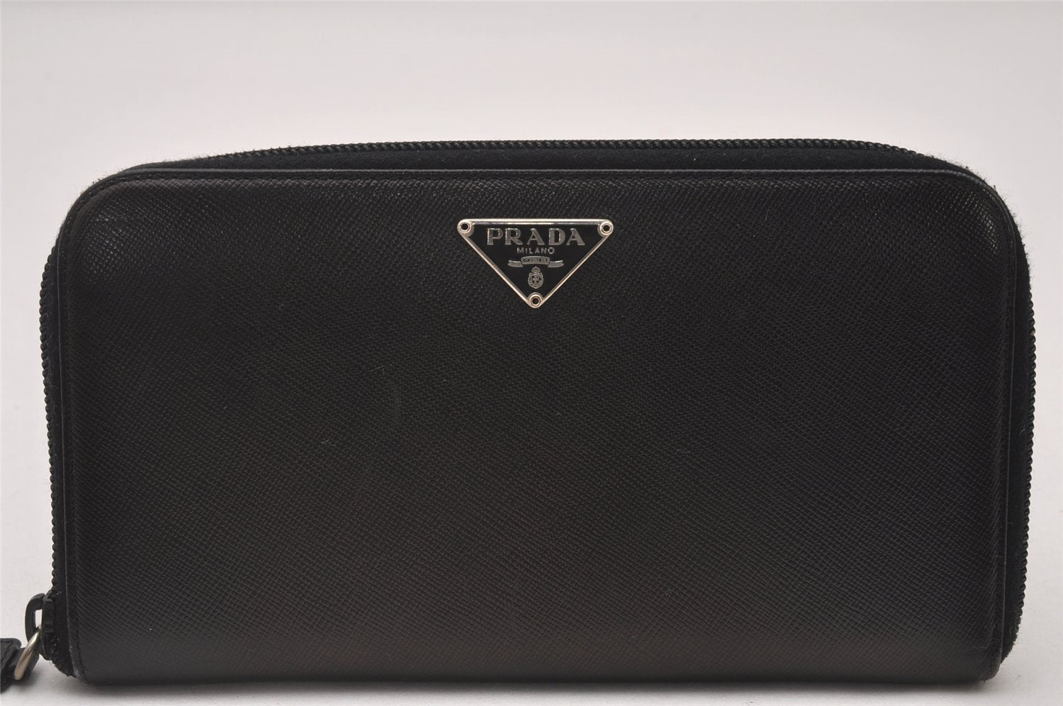 Authentic PRADA Vintage Saffiano Triangle Leather Long Wallet Purse Black 4087I