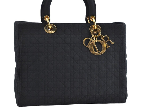 Authentic Christian Dior Lady Dior Cannage Shoulder Hand Bag Canvas Black 4088H