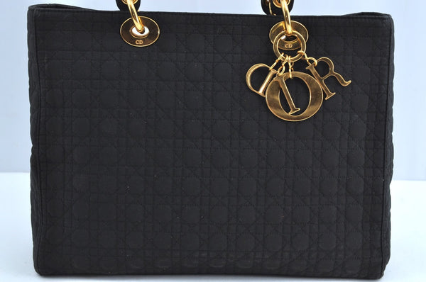 Authentic Christian Dior Lady Dior Cannage Shoulder Hand Bag Canvas Black 4088H