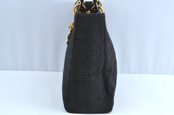 Authentic Christian Dior Lady Dior Cannage Shoulder Hand Bag Canvas Black 4088H