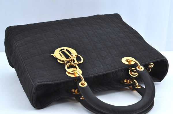 Authentic Christian Dior Lady Dior Cannage Shoulder Hand Bag Canvas Black 4088H