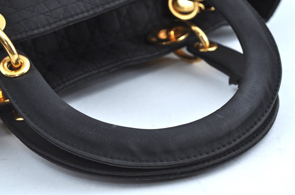 Authentic Christian Dior Lady Dior Cannage Shoulder Hand Bag Canvas Black 4088H