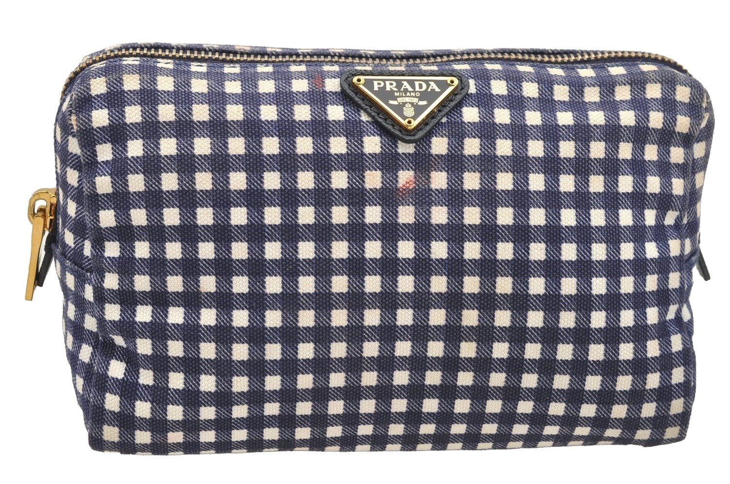 Authentic PRADA Gingham Check Canvas Saffiano Leather Pouch Purse Blue 4107I