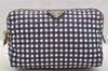 Authentic PRADA Gingham Check Canvas Saffiano Leather Pouch Purse Blue 4107I