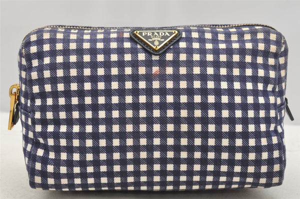 Authentic PRADA Gingham Check Canvas Saffiano Leather Pouch Purse Blue 4107I