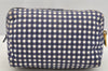 Authentic PRADA Gingham Check Canvas Saffiano Leather Pouch Purse Blue 4107I