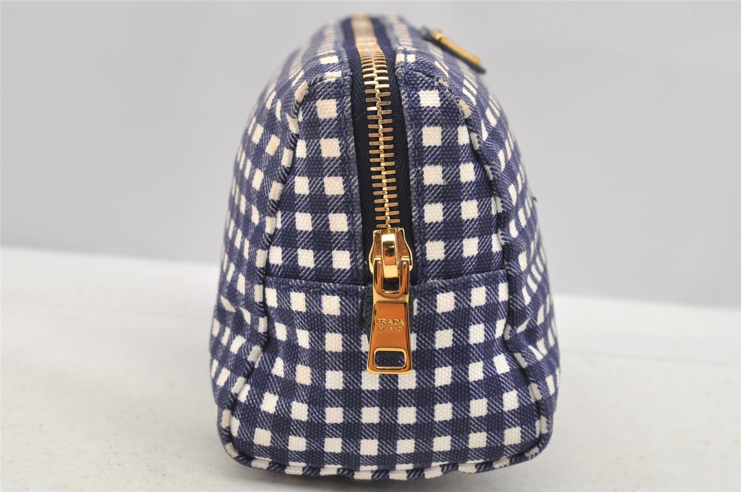 Authentic PRADA Gingham Check Canvas Saffiano Leather Pouch Purse Blue 4107I