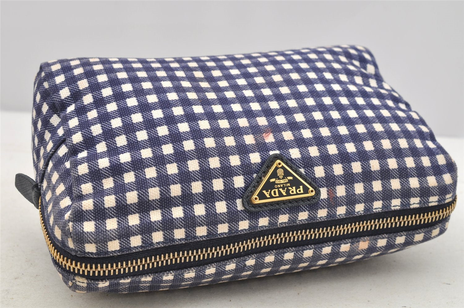 Authentic PRADA Gingham Check Canvas Saffiano Leather Pouch Purse Blue 4107I