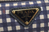 Authentic PRADA Gingham Check Canvas Saffiano Leather Pouch Purse Blue 4107I