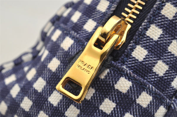 Authentic PRADA Gingham Check Canvas Saffiano Leather Pouch Purse Blue 4107I