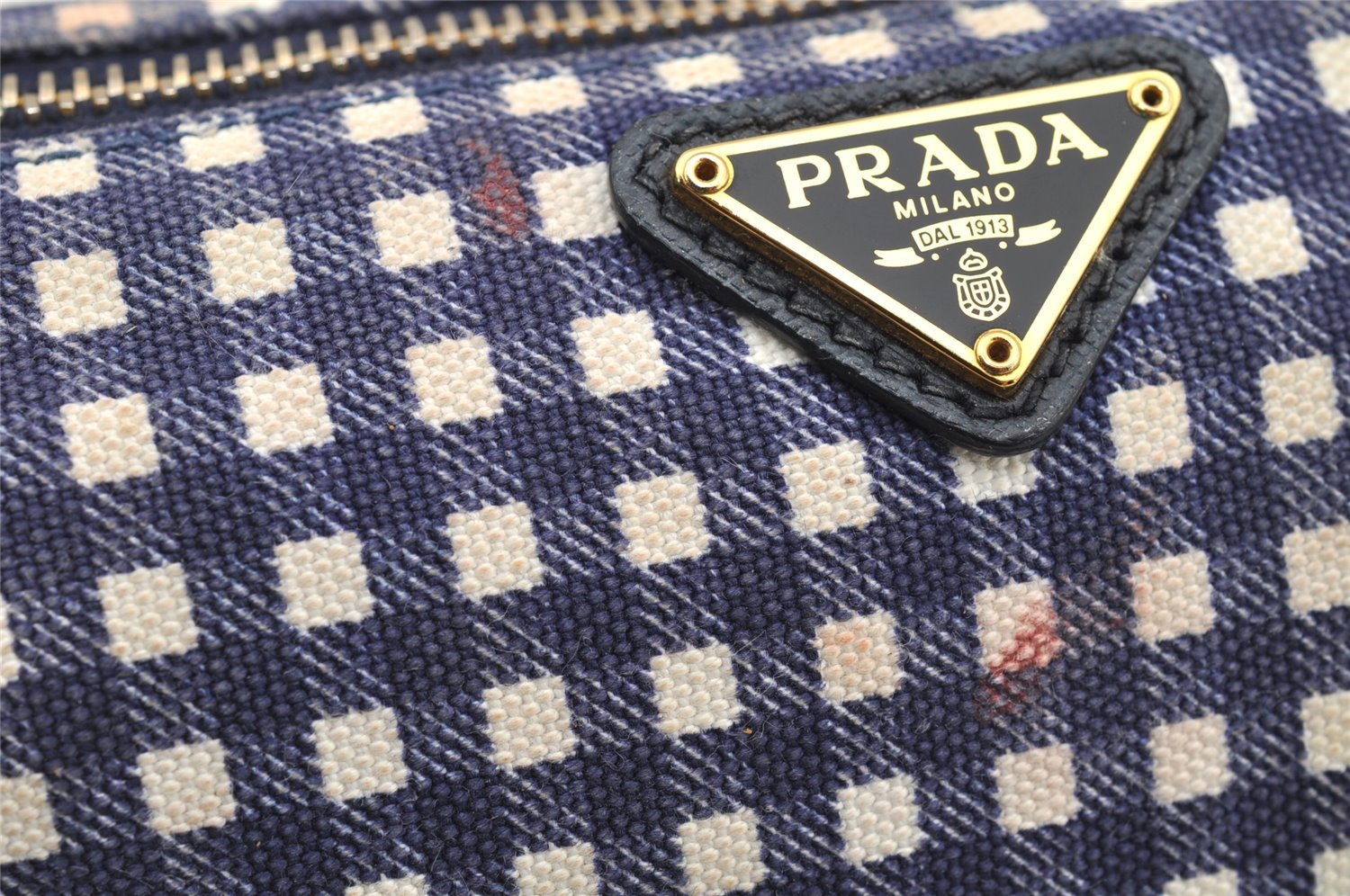 Authentic PRADA Gingham Check Canvas Saffiano Leather Pouch Purse Blue 4107I