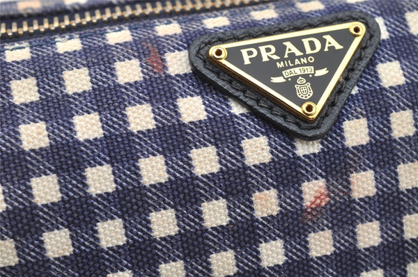 Authentic PRADA Gingham Check Canvas Saffiano Leather Pouch Purse Blue 4107I