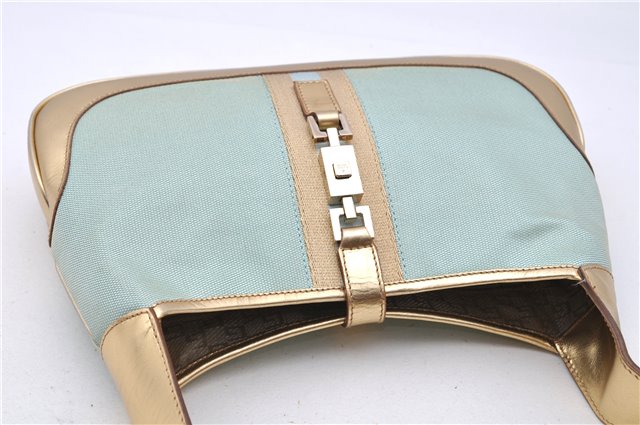 Authentic GUCCI Sherry Line Jackie Shoulder Bag Canvas Leather Light Blue 4114F