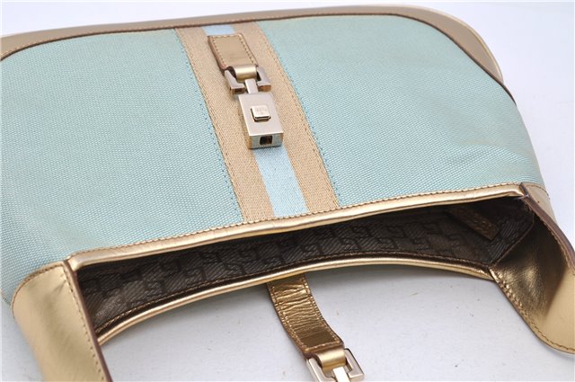 Authentic GUCCI Sherry Line Jackie Shoulder Bag Canvas Leather Light Blue 4114F