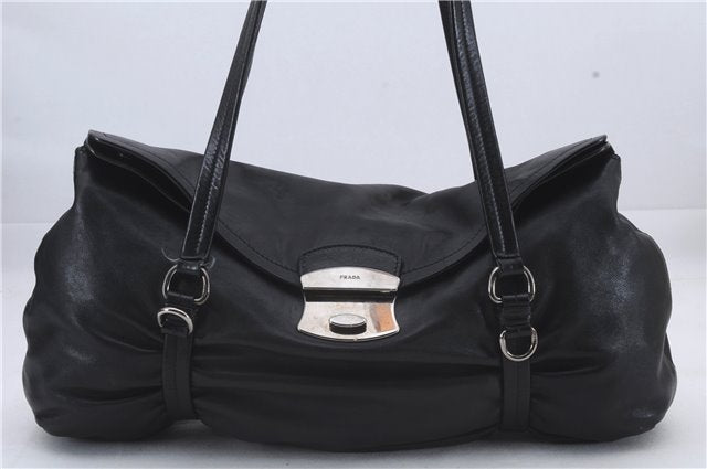 Authentic PRADA Leather Shoulder Tote Bag Black 4117D