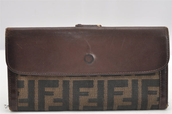 Authentic FENDI Vintage Zucca Long Wallet Purse Canvas Leather Brown Black 4122I