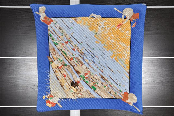 Authentic HERMES Pleats Scarf "MARCHE FLOTTANT DU LAC INLE" Silk Blue Box 4129F