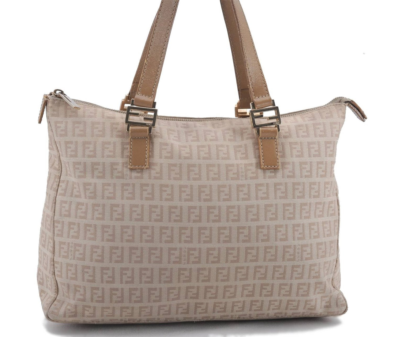 Authentic FENDI Zucchino Shoulder Tote Bag Canvas Leather Beige 4149D