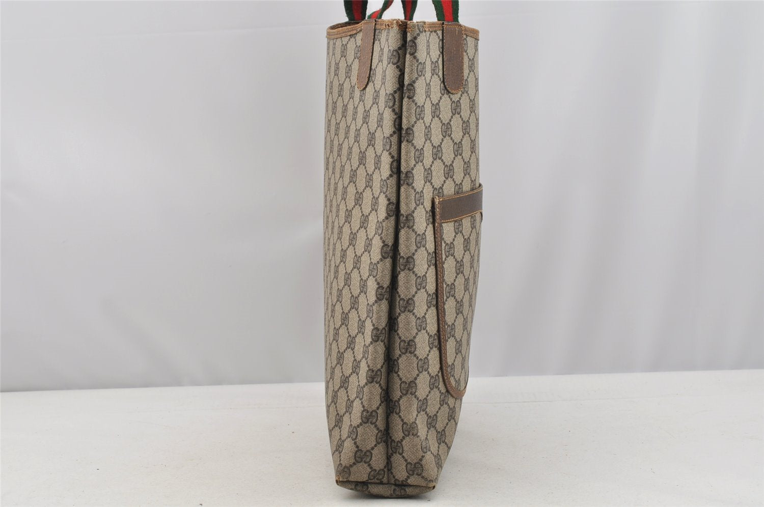 Authentic GUCCI Web Sherry Line Shoulder Tote Bag GG PVC Leather Brown 4150I