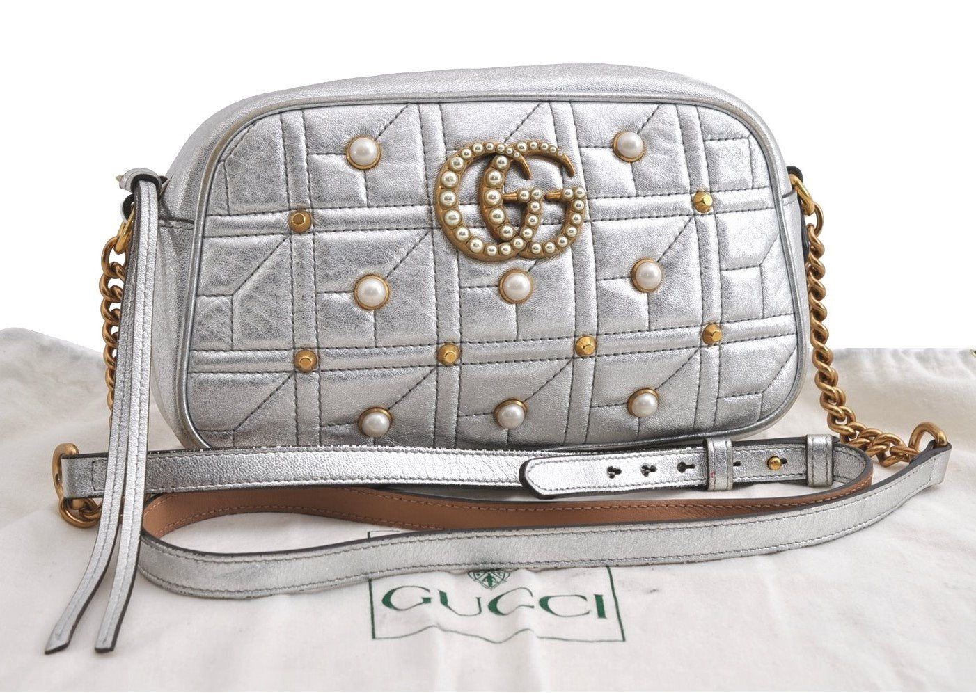 Authentic GUCCI GG Marmont Chain Shoulder Cross Bag Leather 447632 Silver 4151I