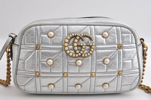 Authentic GUCCI GG Marmont Chain Shoulder Cross Bag Leather 447632 Silver 4151I