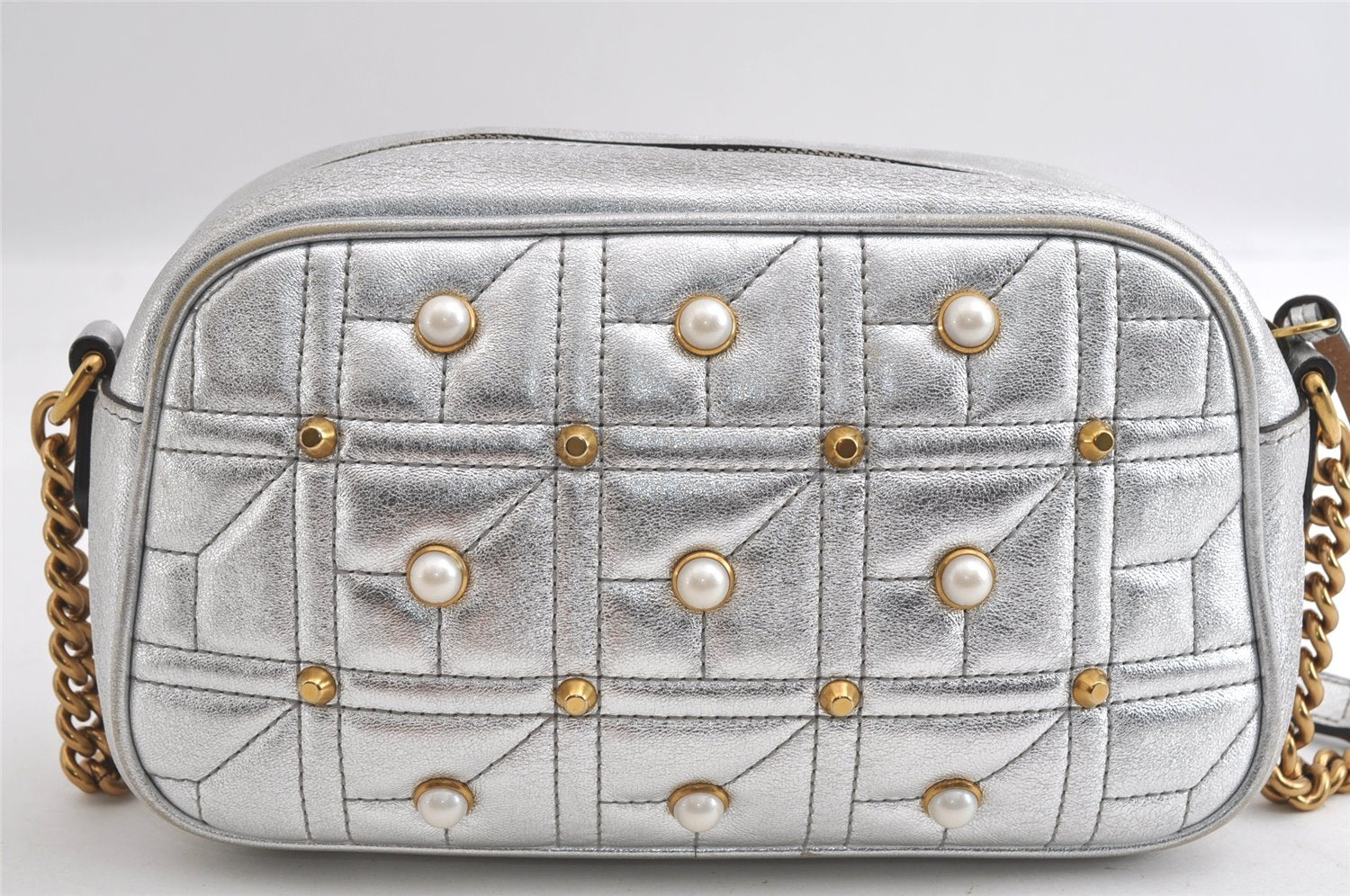 Authentic GUCCI GG Marmont Chain Shoulder Cross Bag Leather 447632 Silver 4151I