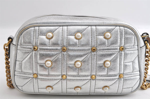 Authentic GUCCI GG Marmont Chain Shoulder Cross Bag Leather 447632 Silver 4151I
