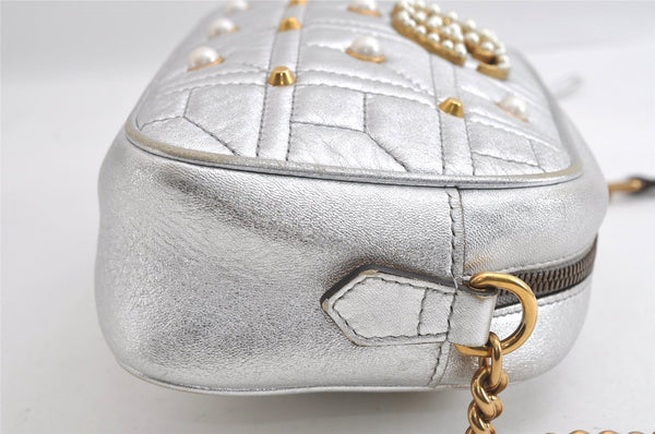 Authentic GUCCI GG Marmont Chain Shoulder Cross Bag Leather 447632 Silver 4151I