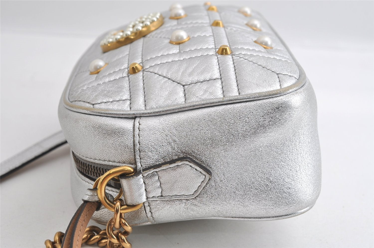 Authentic GUCCI GG Marmont Chain Shoulder Cross Bag Leather 447632 Silver 4151I