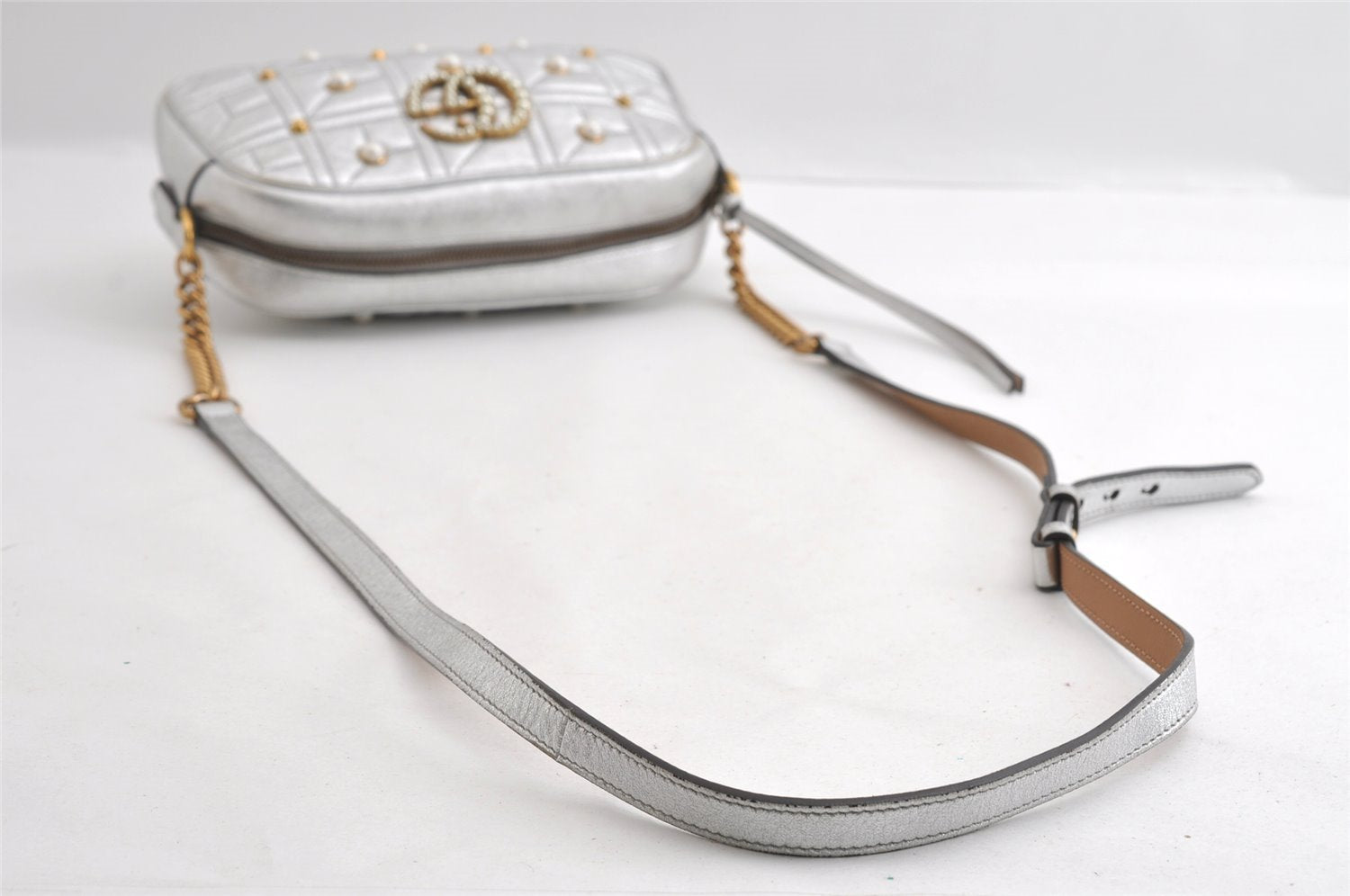 Authentic GUCCI GG Marmont Chain Shoulder Cross Bag Leather 447632 Silver 4151I