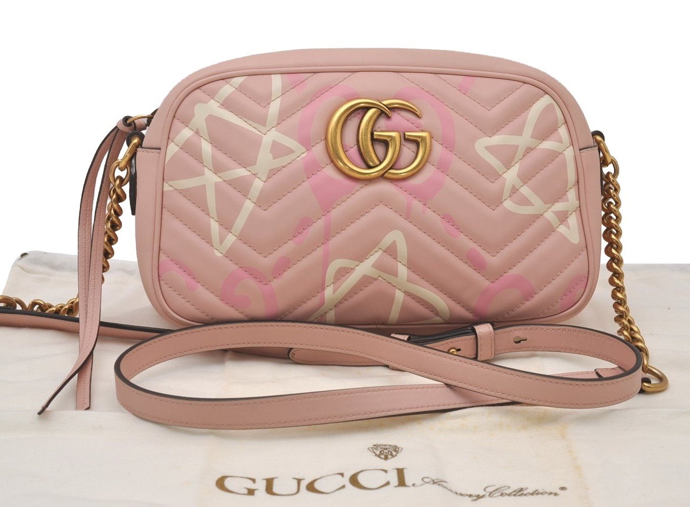 Authentic GUCCI GG Marmont Ghost Shoulder Cross Bag Leather 447632 Pink 4152I