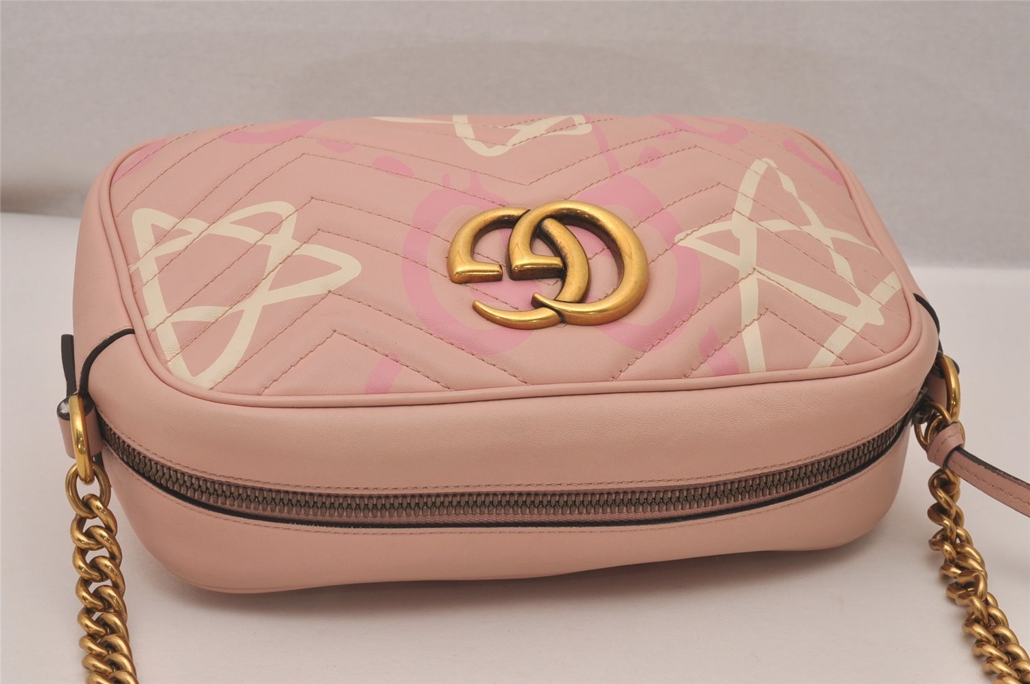Authentic GUCCI GG Marmont Ghost Shoulder Cross Bag Leather 447632 Pink 4152I