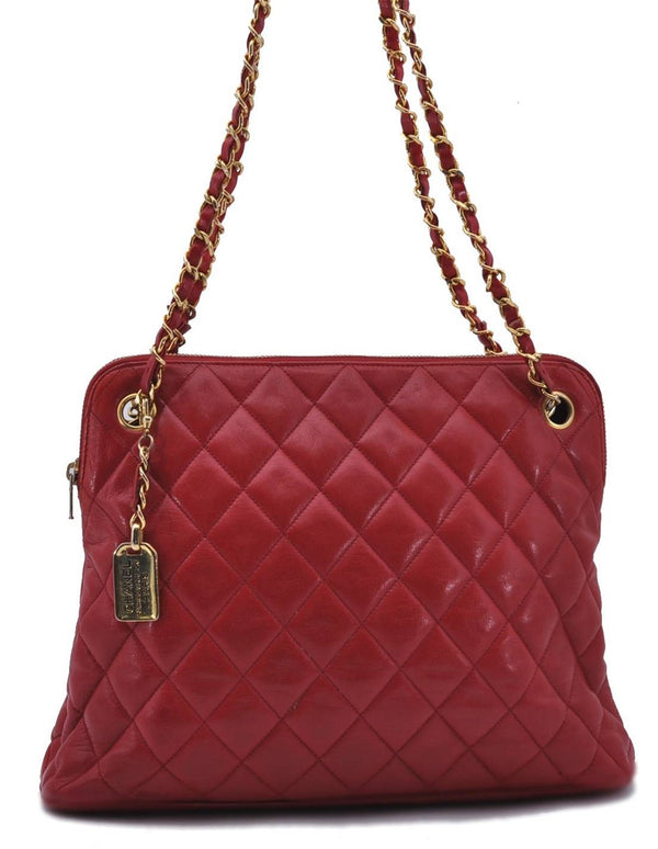 Authentic CHANEL Calf Skin Matelasse Chain Shoulder Bag Purse Red 4161C