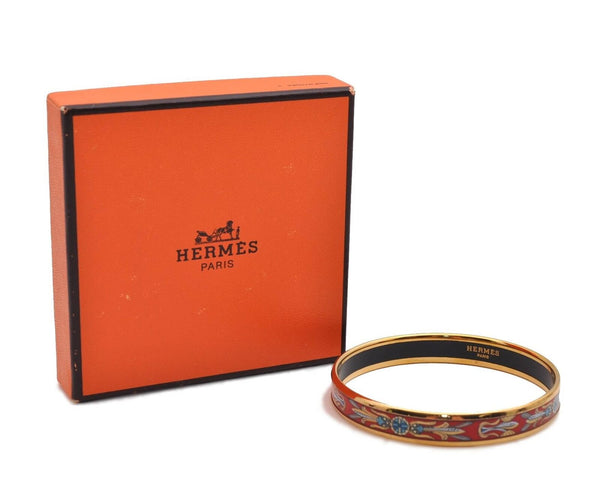 Authentic HERMES Email PM Bangle Bird's Feathers Motif Red Gold Box 4172B