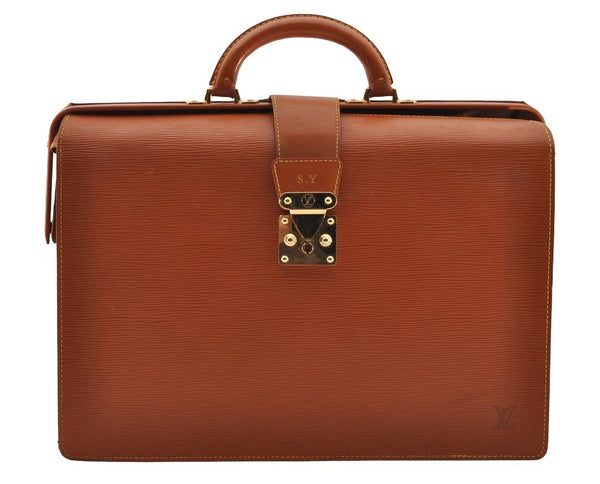 Authentic Louis Vuitton Epi Serviette Fermoir Briefcase Brown M54358 LV 4175I
