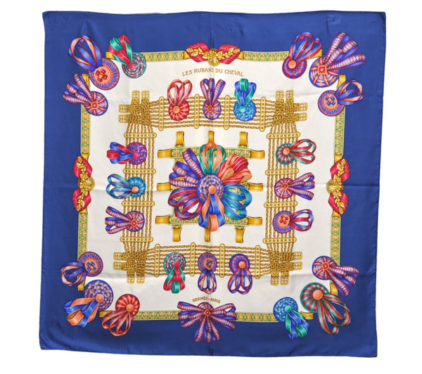 Authentic HERMES Carre 90 Scarf "LES RUBANS DU CHEVAL" Silk Blue 4177E