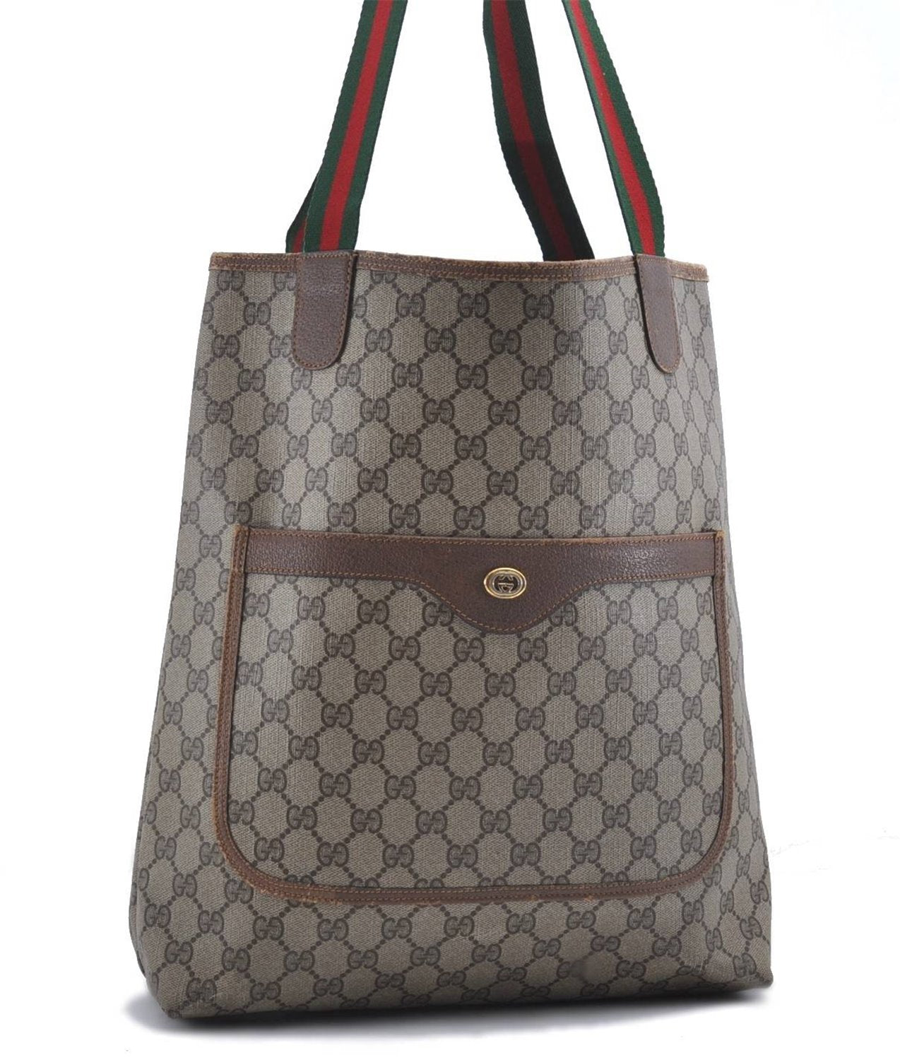 Authentic GUCCI Web Sherry Line Shoulder Tote Bag GG PVC Leather Brown 4195D