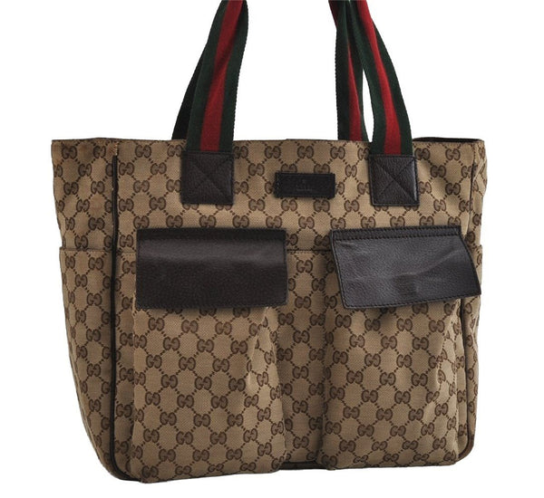 Authentic GUCCI Web Sherry Line Tote Bag GG Canvas Leather 161836 Brown 4196I