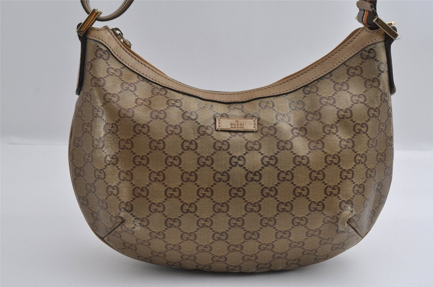 Authentic GUCCI GG Crystal Shoulder Cross Body Bag PVC Leather 181092 Gold 4201I