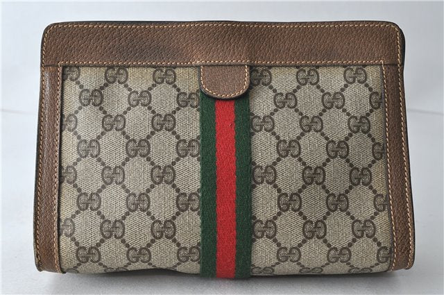 Authentic GUCCI Web Sherry Line Clutch Hand Bag Purse GG PVC Leather Brown 4210D