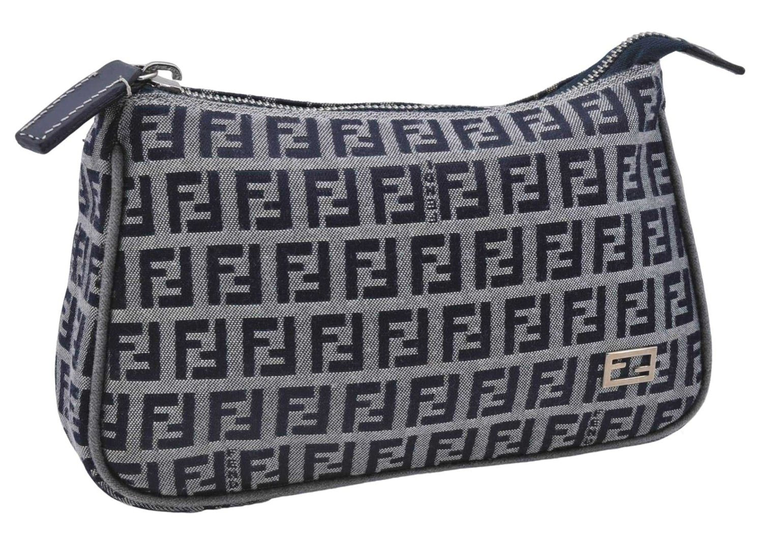 Authentic FENDI Zucchino Clutch Bag Purse Canvas Leather Navy Blue Junk 4219D