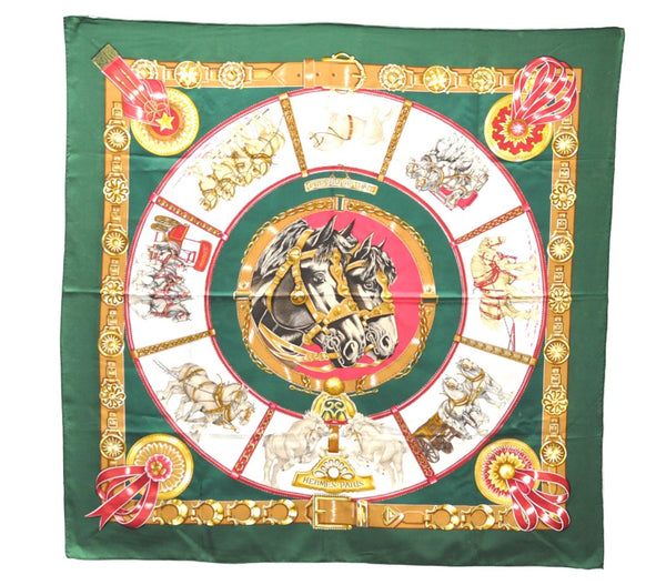 Authentic HERMES Carre 90 Scarf "CHEVAUX DE TRAIT" Silk Green 4221E