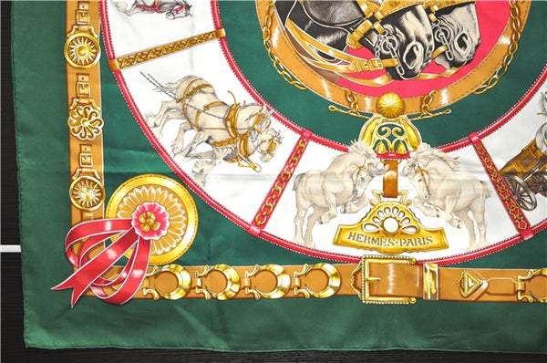 Authentic HERMES Carre 90 Scarf "CHEVAUX DE TRAIT" Silk Green 4221E