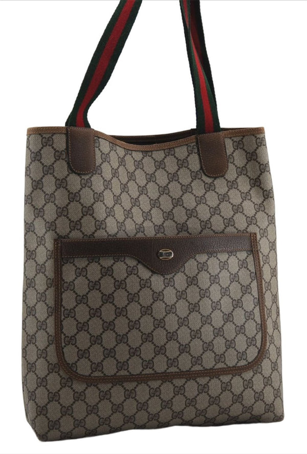 Authentic GUCCI Web Sherry Line Shoulder Tote Bag GG PVC Leather Brown 4224E