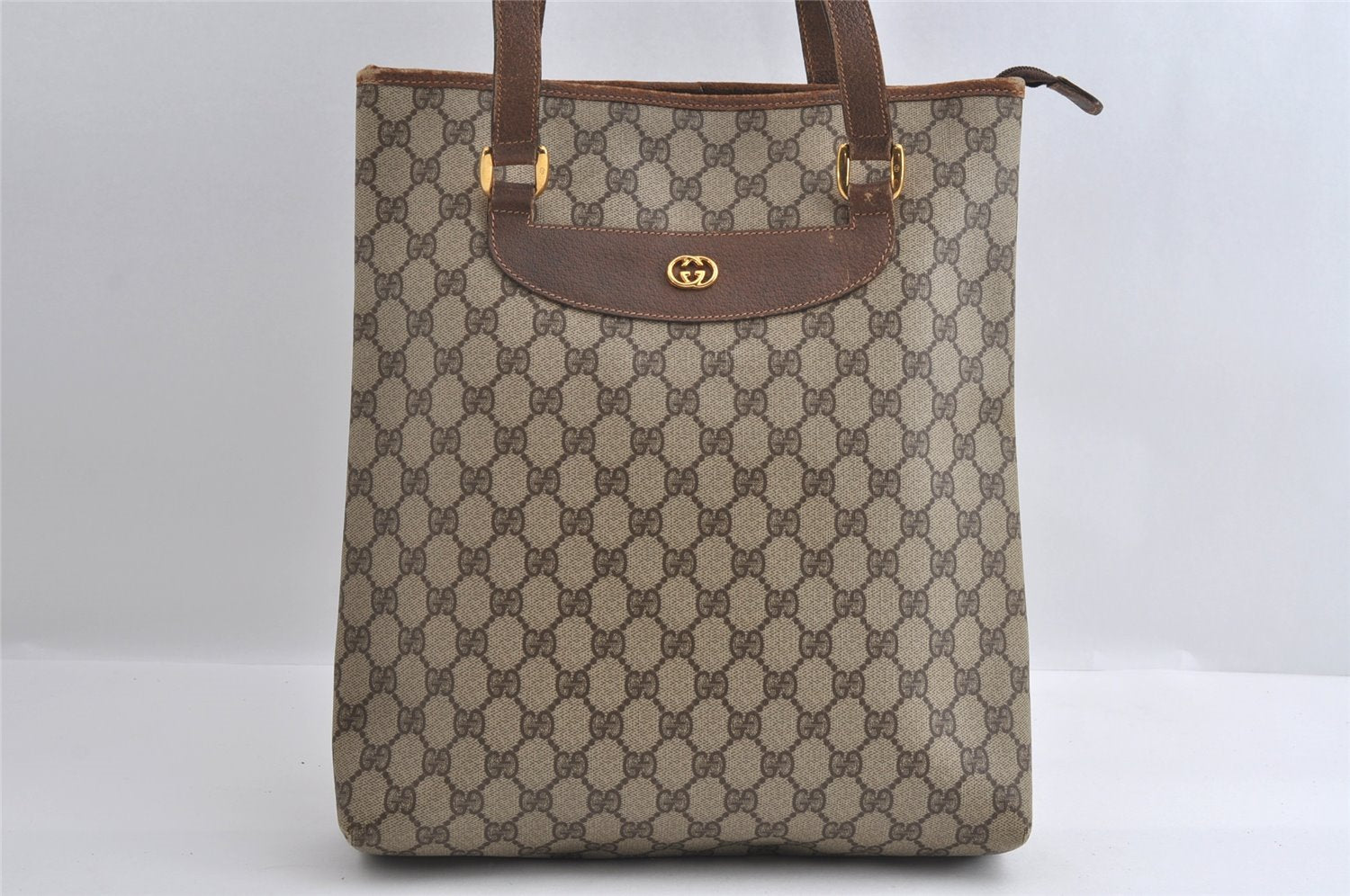 Authentic GUCCI Vintage Shoulder Tote Bag GG PVC Leather Brown 4224I