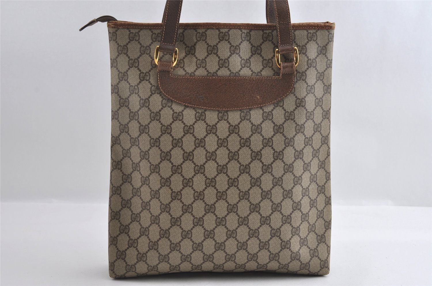 Authentic GUCCI Vintage Shoulder Tote Bag GG PVC Leather Brown 4224I