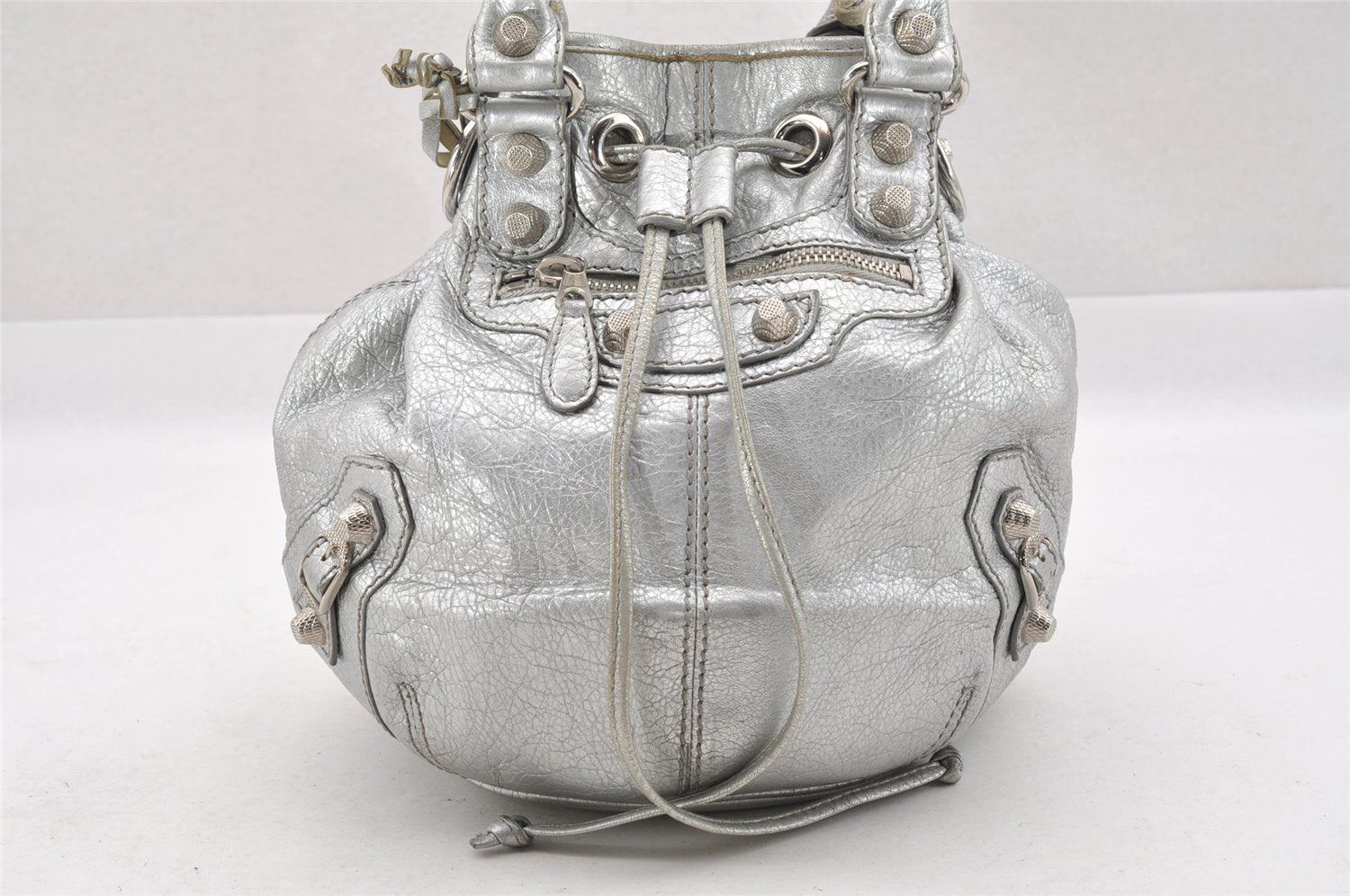 Authentic BALENCIAGA Giant Mini Pompon 2Way Hand Bag Leather 285439 Silver 4225I