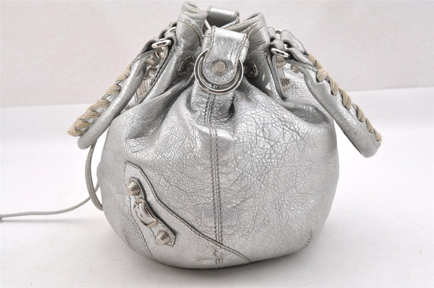 Authentic BALENCIAGA Giant Mini Pompon 2Way Hand Bag Leather 285439 Silver 4225I