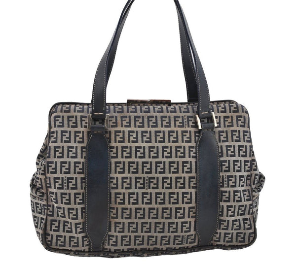 Authentic FENDI Zucchino Shoulder Hand Bag Canvas Leather Navy Blue 4230I